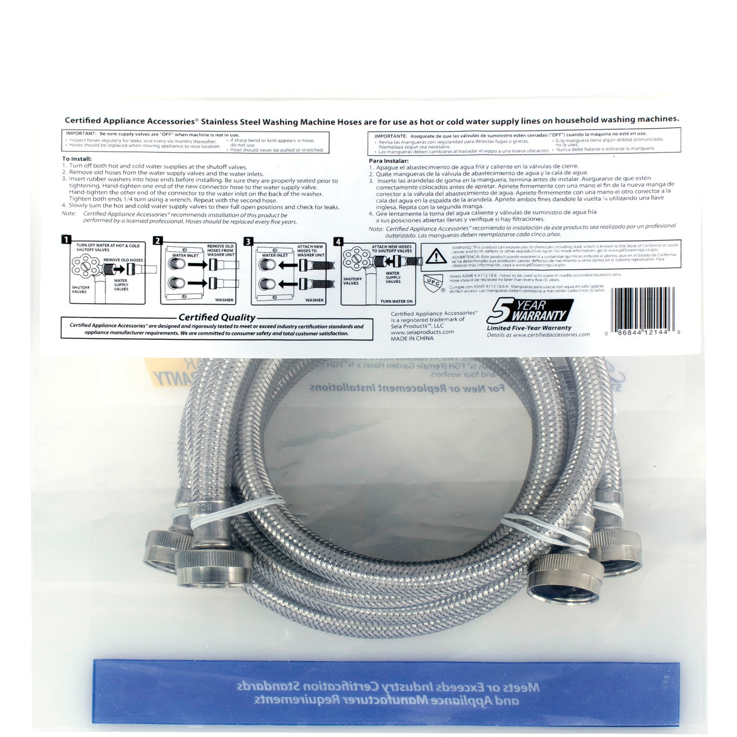 Certified Appliance Accessories WM60SS2PK 2 Pk Braided Stainless Steel Washing Machine Hoses, 5ft