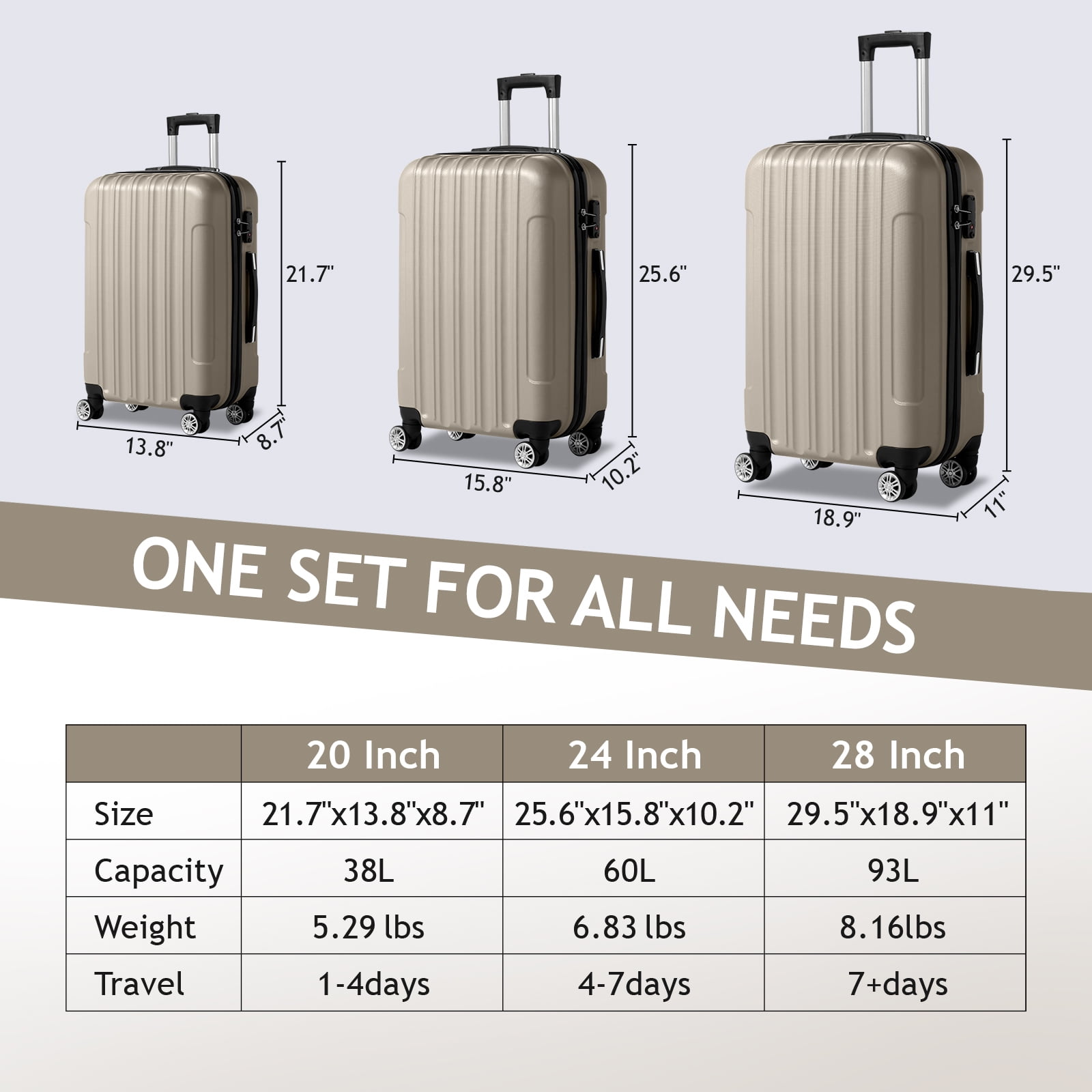 Zimtown 3 Piece Nested Spinner Suitcase Luggage Set With TSA Lock Champagne Gold