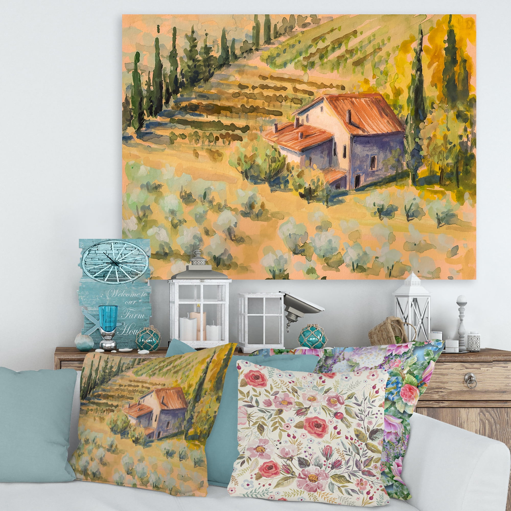 Little Farmhouse In Countryside 8 in x 12 in Painting Canvas Art Print, by Designart