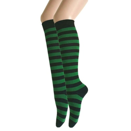 

Zebra Stripes Knee High Tube Vintage Socks For Women and Girls in Black With Green Color 2 Pairs Package