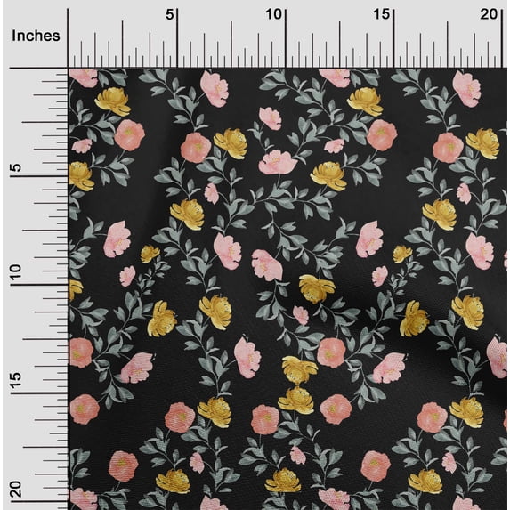 oneOone Polyester Lycra Black Fabric Flower & Leaves Watercolor Sewing Craft Projects Fabric Prints By Yard 56 Inch Wide