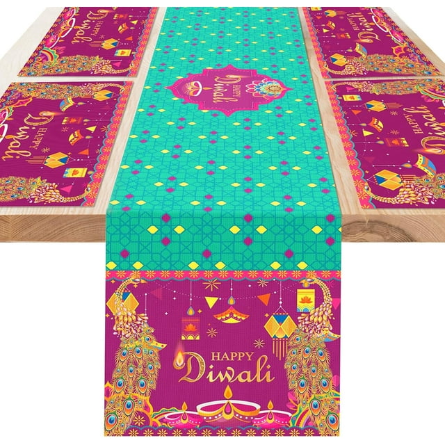 xianlin-Diwali Décorations Articles, Chemin de Table Diwali Ensemble de Napperons, Décorations Maison Diwali Chemin de Table Indien Rangoli Décorations Table à Manger Napperon Diwali, Napperon en Tissu