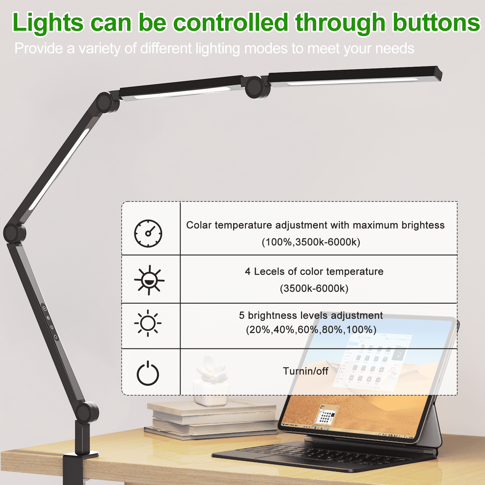 Foldable LED Desk Lamp with 3 Color Temperatures, Dimmable Brightness, and 360° Rotation - Eye-Caring Lighting for Home & Office Use