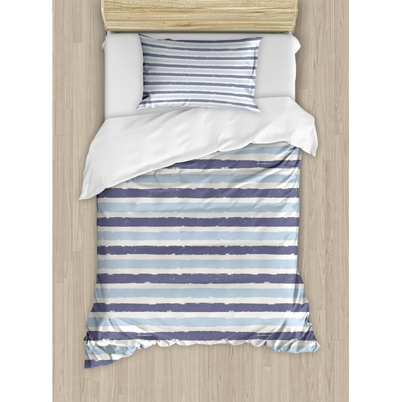 Harbour Stripe Duvet Cover Set, Abstract Soft Toned Sketchy Horizontal Stripes Pattern, Decorative 2 Piece Bedding Set with 1 Pillow Shams, Twin Size, Cadet Blue Pale, by Ambesonne