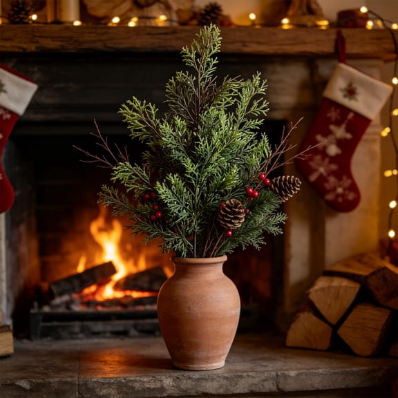 Yaayu 1Pc 18.1in Christmas Artificial Leaf Branch for Vase, Winter Foliage Stem for Mantel Home Decor, Style D, Green