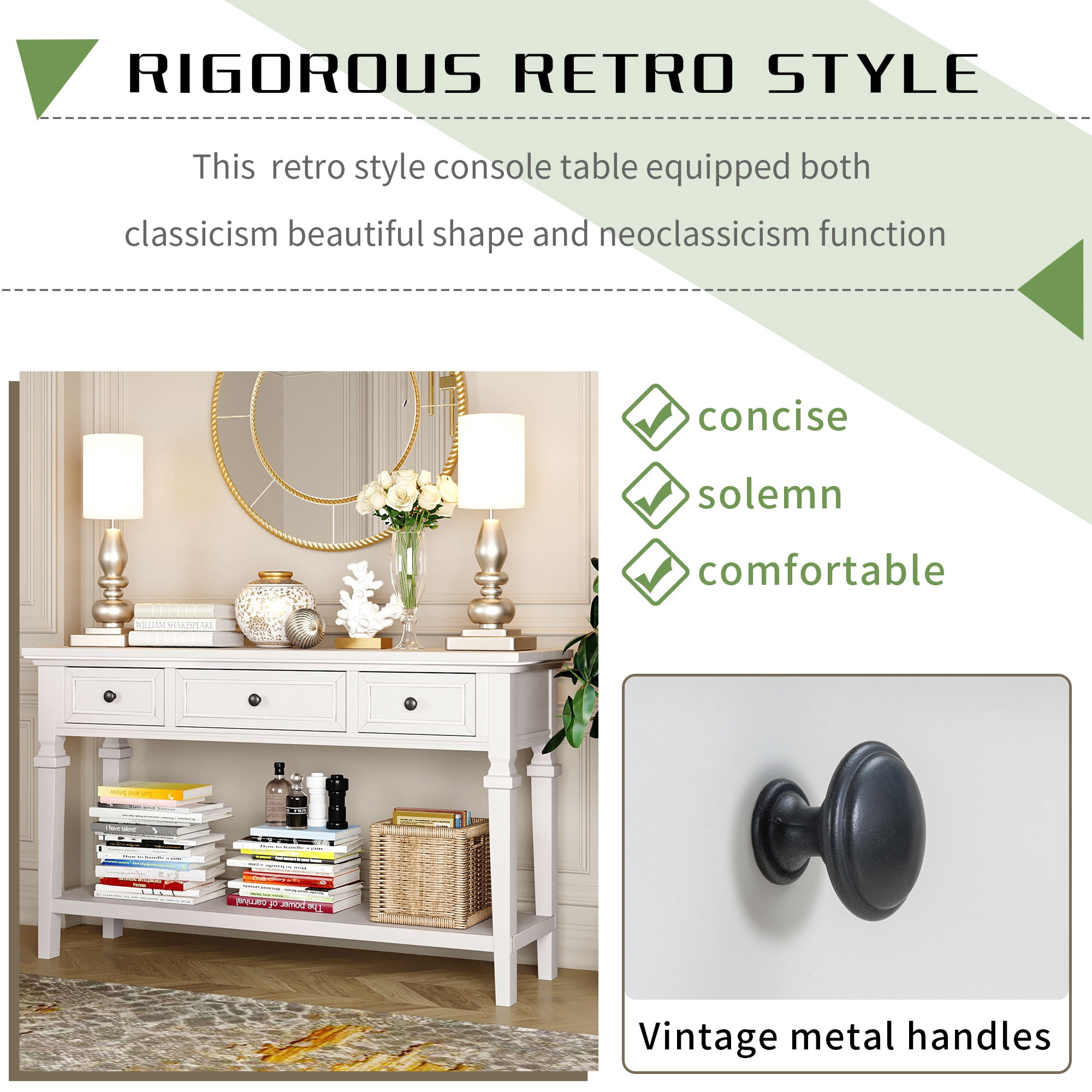 PORKISS 50" Console Table with 3 Storage Drawers, Narrow Long Entryway Table with Bottom Shelf, Vintage Sofa Table with Wood Frame for Living Room Entryway/Hallway/Foyer, Antique White