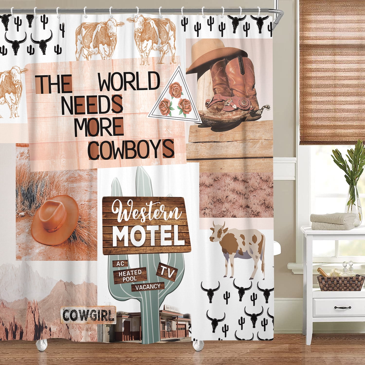 Boho Western Shower Curtain, Funny West Cowboy Hat Boots Desert Cactus