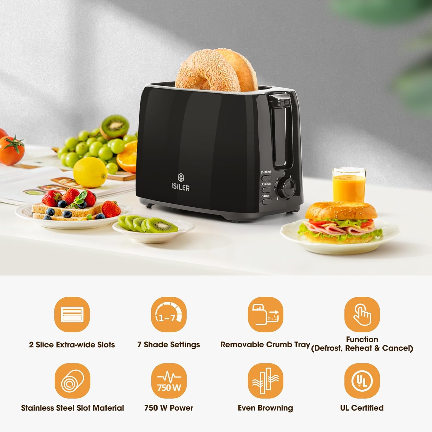 iSiLER 2 Slice Toaster, 1.3 inches Wide Slot Bagel Toaster with 7 Shade Settings and Double Side Baking, Compact Bread Toaster with Removable Crumb Tray, Defrost Cancel Function Black