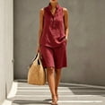 thumbnail image 2 of Women's Linen Blend Collared Sleeveless Half Button Tank Bermuda Shorts 2 Piece Outfit, Solid Loose Beach Casual Matching Set Wine XL(XL), 2 of 7