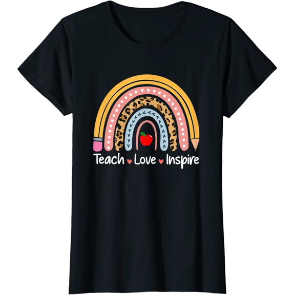 Teach Love Inspire Boho Leopard Rainbow Teacher Life T-Shirt