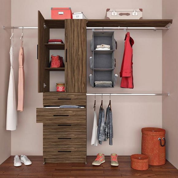 clóset melamina armable 2.02 x 2.40 m x 39 cm café con maletero, puertas, cajones y niveladores