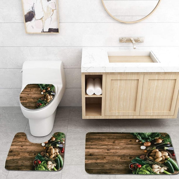 ABPHQTO Coseche varias verduras en una mesa de madera rústica Cebollas Patatas Calabacín Tomates Cherry Juego de alfombras de baño de 3 piezas Alfombra de baño Alfombra de contorno y tapa de inodoro ABPHQTO Cont-CHAPPLE-20753
