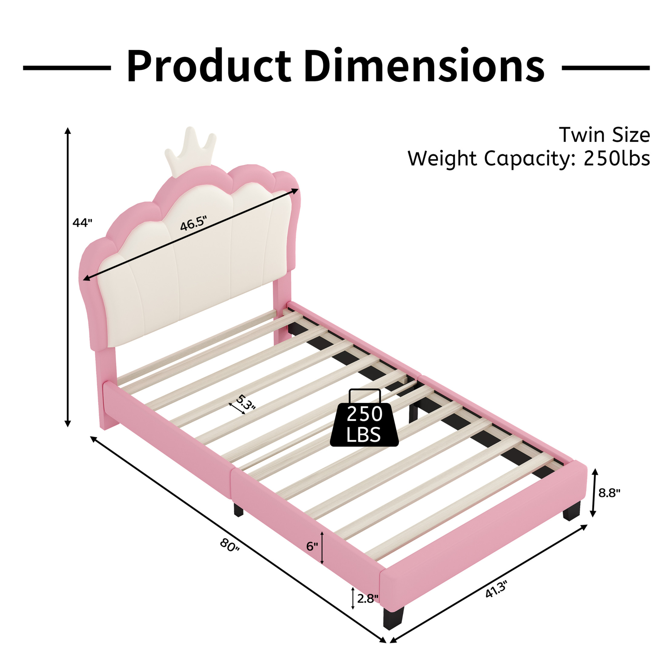Noble House Twin Size Upholstered Princess Bed with Crown Headboard, Fairy-Tale Platform Bed, Cream + Pink