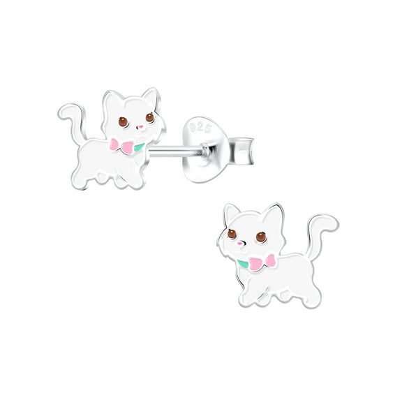 925 Sterling Silver White Cat Stud Earrings