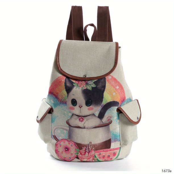 Mochila Con Estampado De Gato De Dibujos Animados Kawaii, Bolsa De Viaje De Almacenamiento Informal, Mochila Escolar Que Combina Con Todo