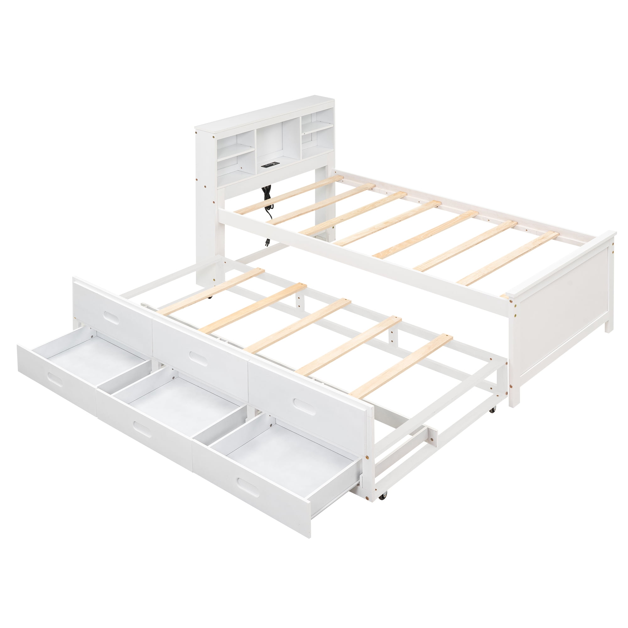 Euroco Wood Twin Size Platform Bed with Storage Headboard, Trundle Bed and 3 Drawers, USB Charging and Shleves for Kids Teens, White