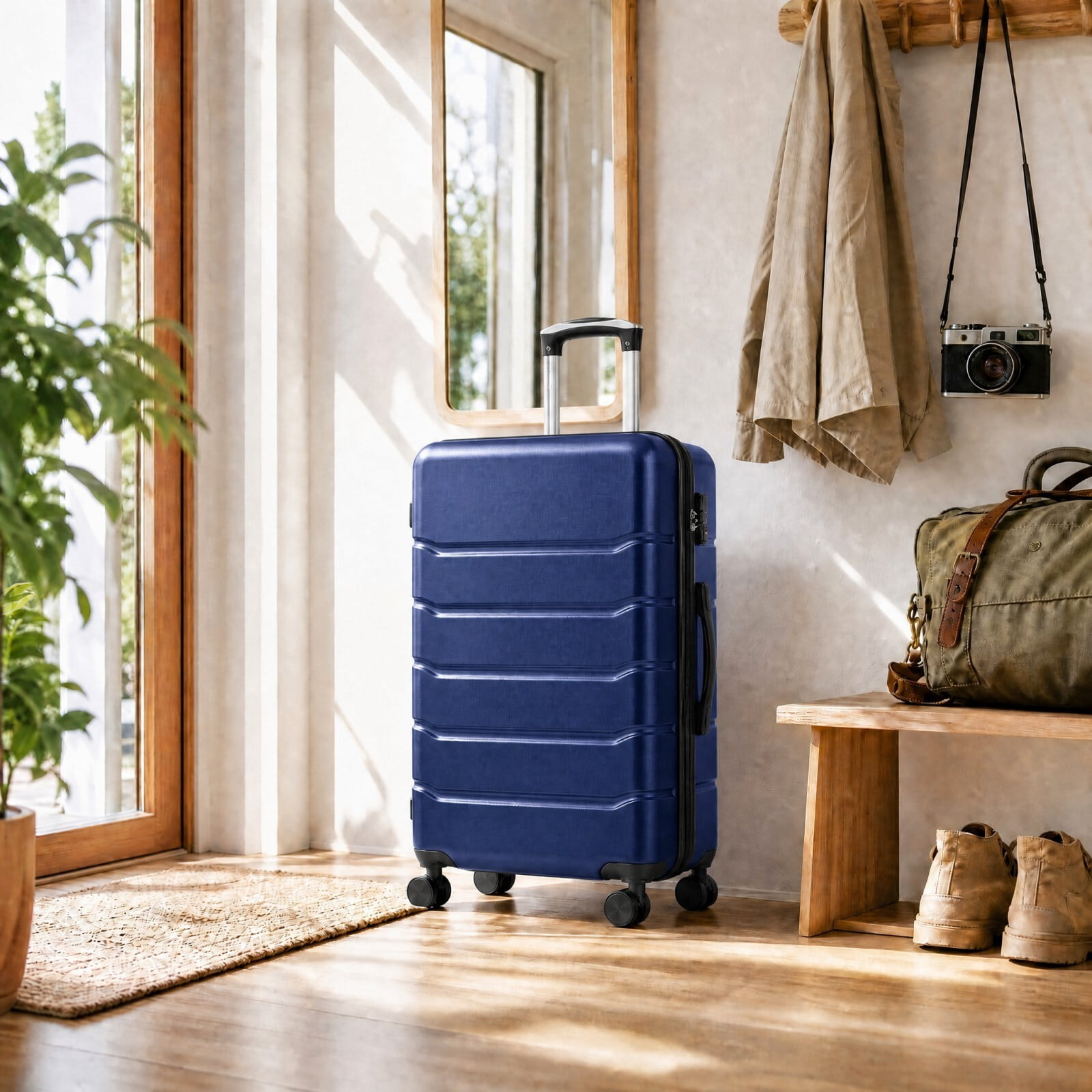 Kelno Large Checked Luggage with Spinner Wheels ABS Hard Shell Suitcase Expandable Rolling Luggage with TSA Lock, Blue