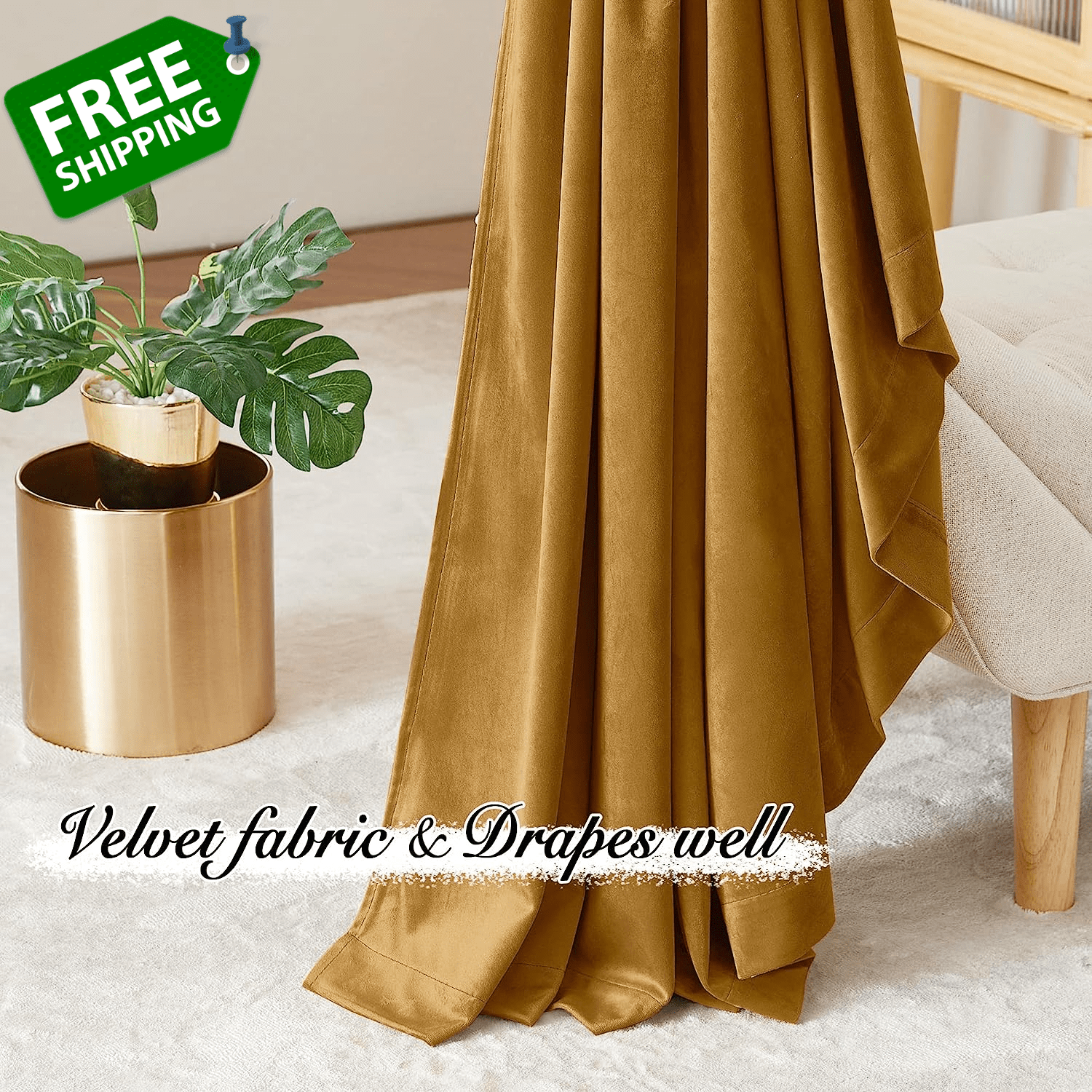 Gold Blackout Velvet Curtains 84 Inches - Super Soft Theater Velvet Curtains - I