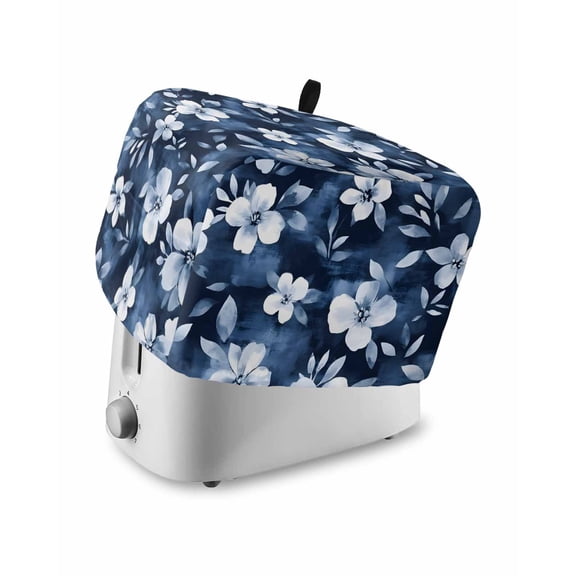 Navy Blue Spring Floral Toaster Cover 4 Slice, Summer Flowers Watercolor Botanical Dustproof Bread Machine Oven Cover with Storage Pockets, Fits Most Kitchen Toasters Protector