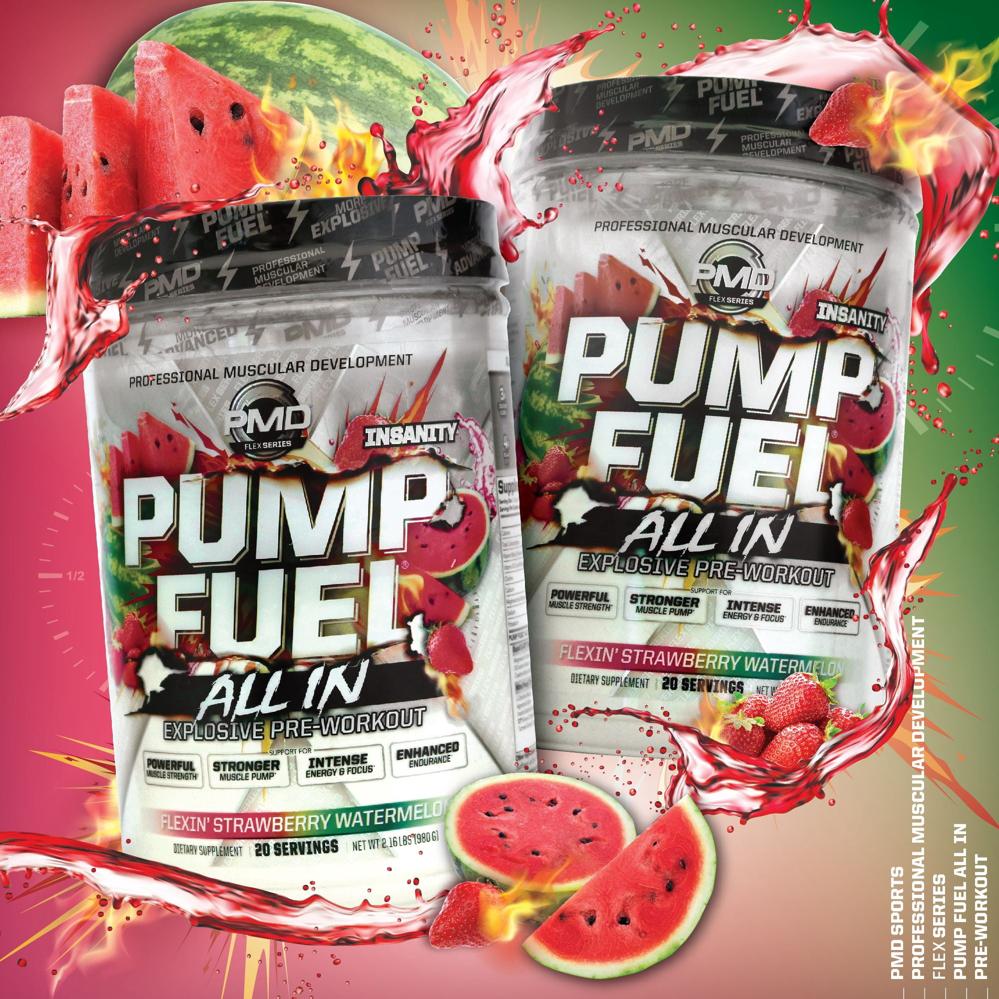 PMD Sports Pump Fuel ALL IN Insanity - Ultimate Muscle Pump Supplement & Pre Workout Powder - Maximum Energy and Focus with Premium Creatine, Beta Alanine & More - Strawberry Watermelon (20 Servings)
