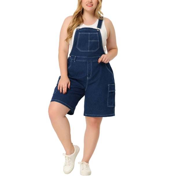 Shorts de tirantes ajustables para mujer GRACE & GRANDEUR, overoles de mezclilla con bolsillo cargo, talla 1X, azul oscuro