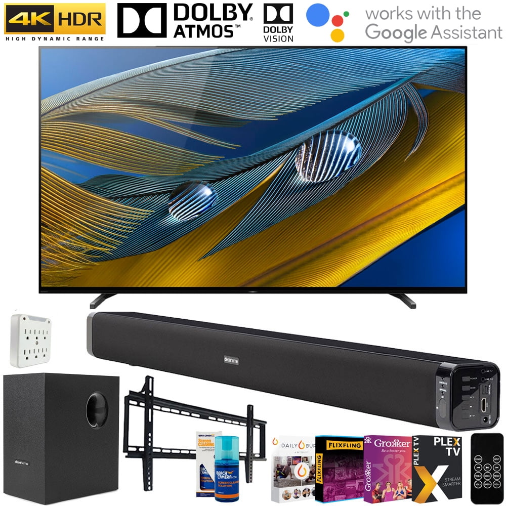 Sony XR65A80J 65-inch A8H 4K OLED Smart TV (2021 Model) Bundle with Deco Gear Soundbar with Subwoofer, Wall Mount, 6-Outlet Surge Adapter, Screen Cleaner and TV Essentials