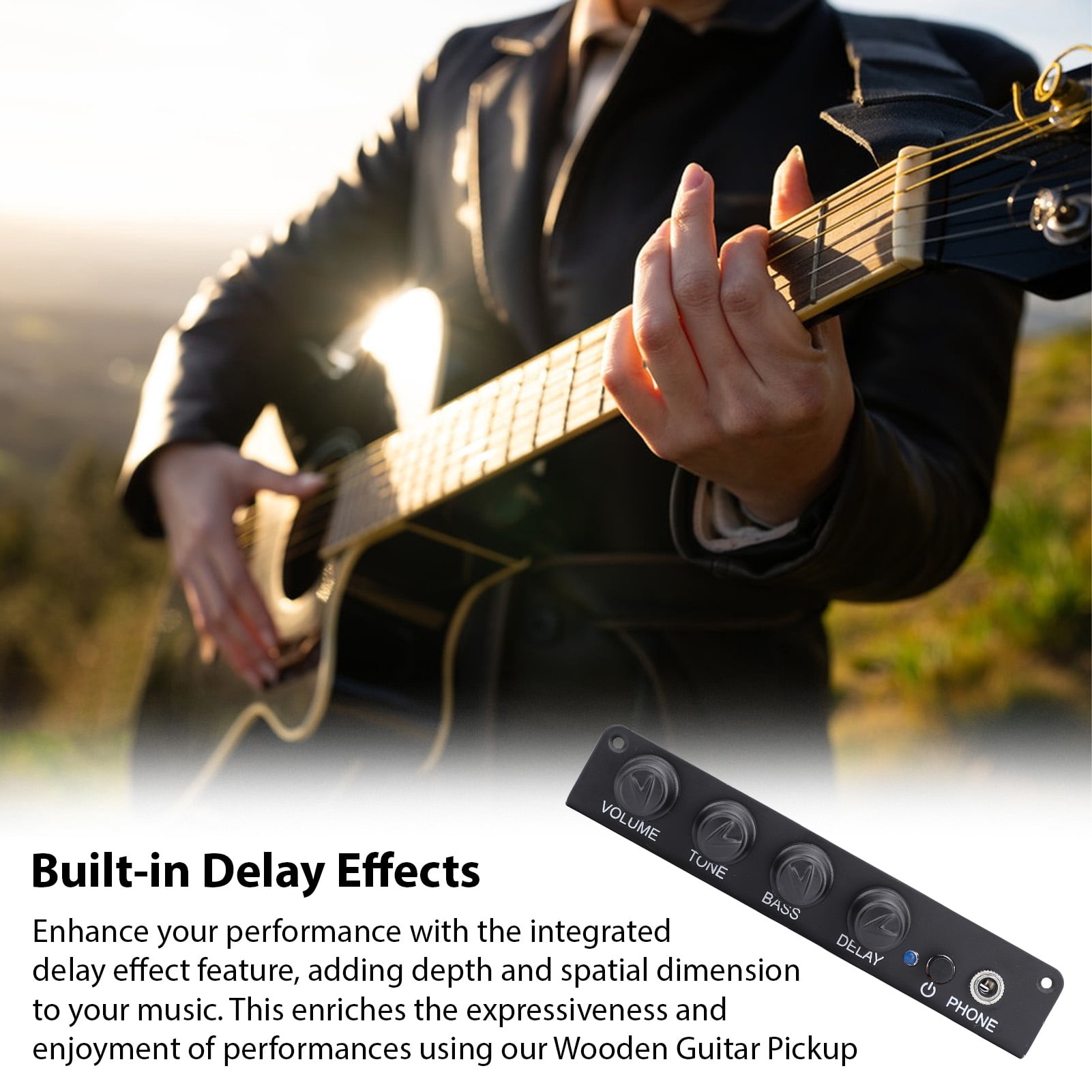 YAHHU VOICE GUARD QA-2 Silent Guitar Piezo Pickup with Headphone Monitoring Mode, Multi-Dimensional EQ Control & Built-In Delay Effect for Acoustic & Classical Guitars, Black