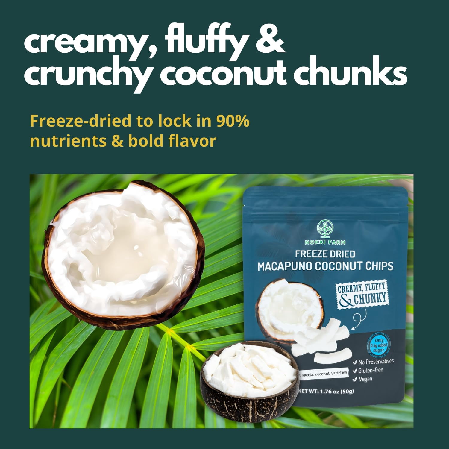 NOKKI FARM Freeze Dried Macapuno Coconut Chips - Healthy & Exotic Tropical Fruit Snacks, Low in Sugar, No Preservatives, Kid-Approved Shelf-Stable, 1.76 Oz, 3 Pack