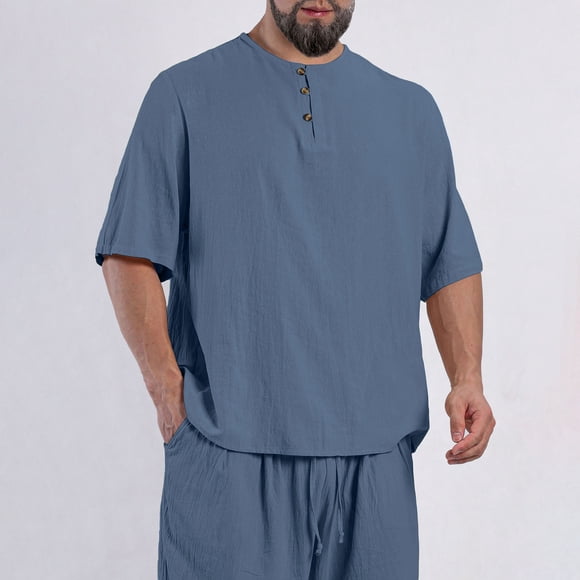 Styesk T Shirts for Man Men's Plus Size Solid Color Retro Button Round Neck Casual Short Sleeved