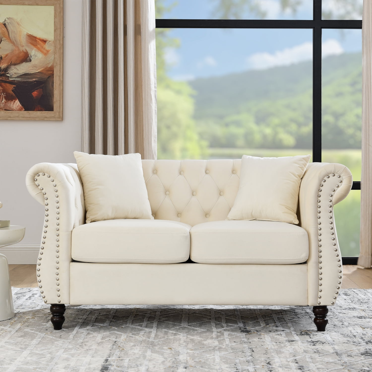 Youmumeub 58.8" Compact Chesterfield Velvet Loveseat Beige 2-Seater Tufted Nailhead Trim, Low Back, Solid Wood Feet, Foam & Spring Comfort — Apartment Friendly Sofa