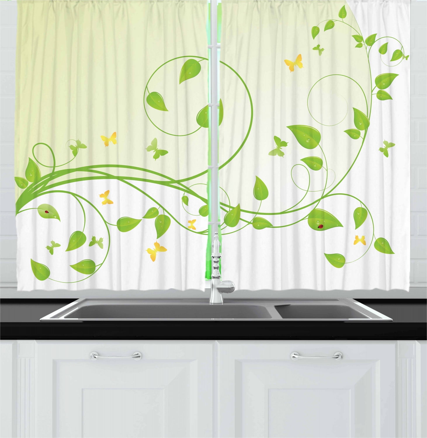 Vine Curtains 2 Panels Set, Flourishing Sapling Pattern with Butterflies and Ladybugs on Leaves, Window Drapes for Living Room Bedroom, 55W X 39L Inches, Lime Green Pale Green White, by Ambesonne