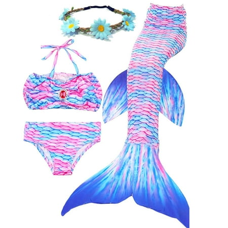 3 Pcs Girls Mermaid Tail Swimsuit Swimwear Bikini Set for Swimming XS
