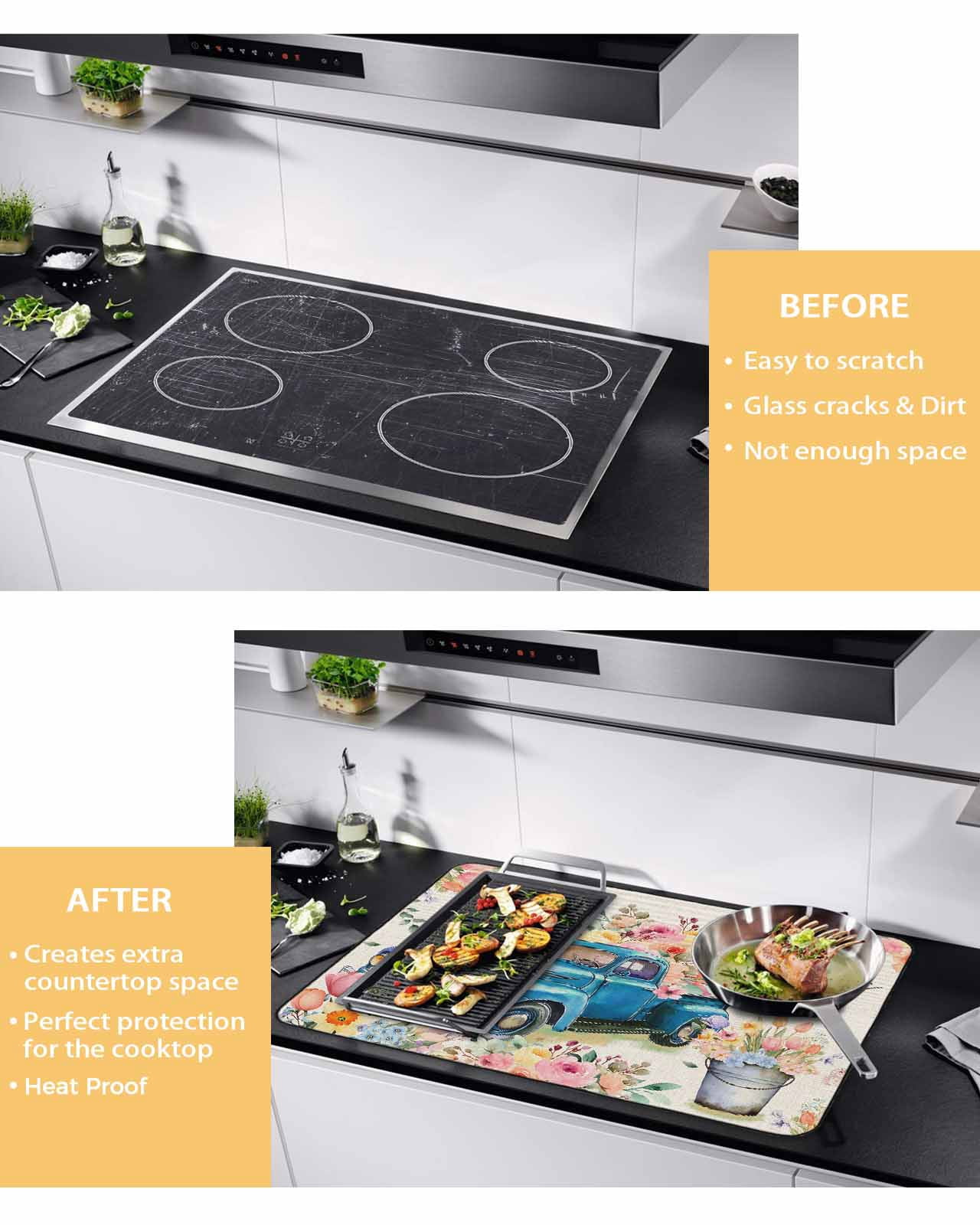 Large Induction Cooktop Protector Mat Spring Flowers Stove Top Covers for Electric Stove, Country Truck Pink Floral Retro Botanical Decorative Stove Burner Cover Mats, Glass Top Stove Cover