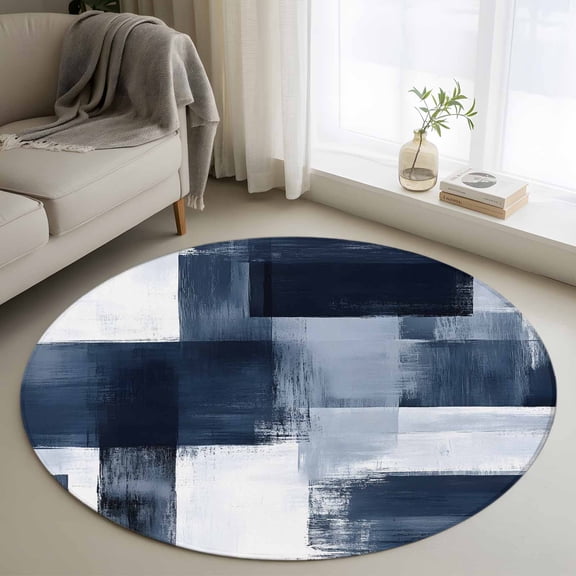 Round Rugs 4Ft, Navy Blue Geometric Round Area Rug Washable Indoor Throw Carpet, White Modern Abstract Soft Non Slip Circle Rug for Kitchen Nursery Room Home Decor Aesthetic