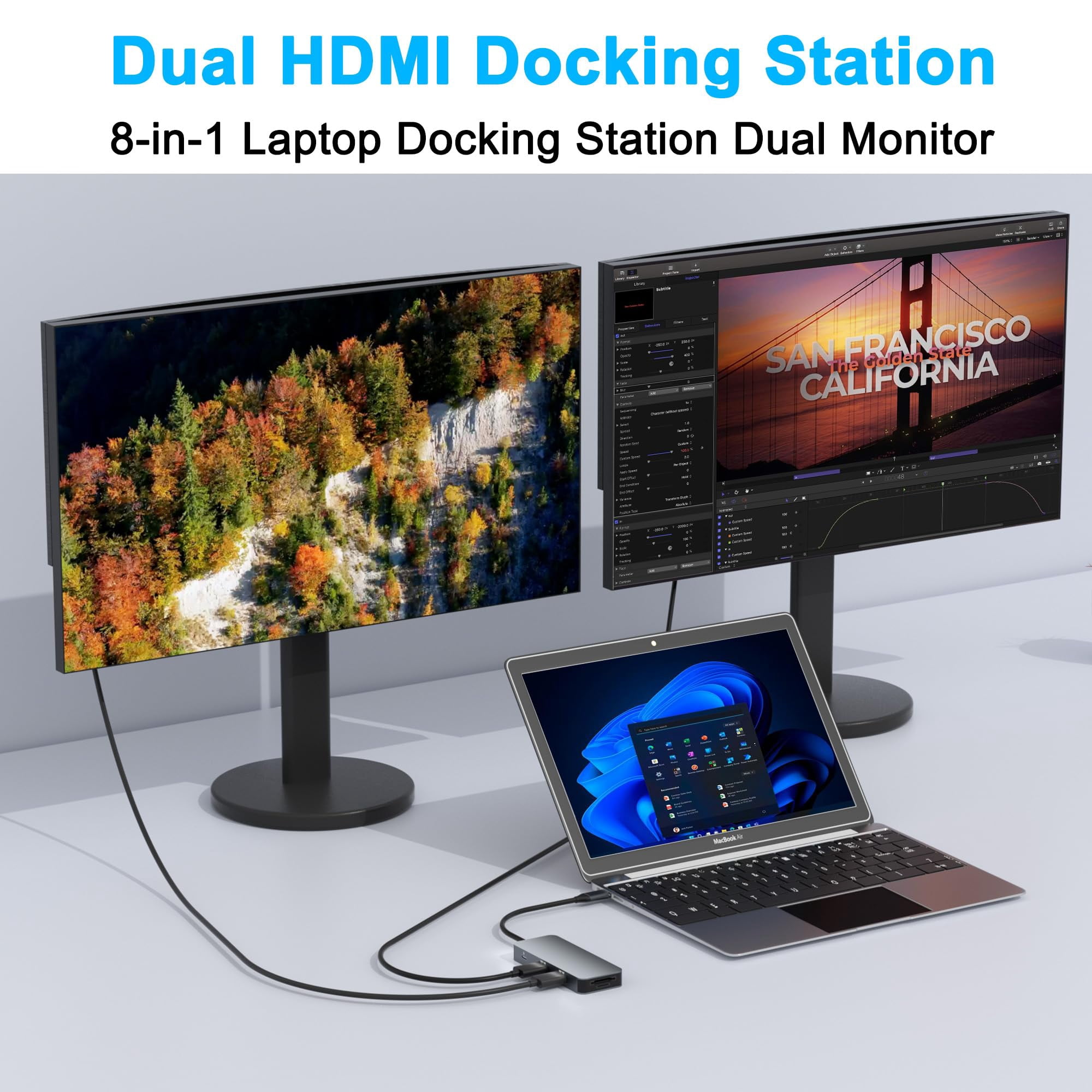 Dual HDMI Adapter for 2 Monitors, Laptop Docking Station Dual Monitor, HDMI Splitter for Dual Monitors, 4K@60hz Double Monitor Adapter, USB C Docking Station for Dell/HP/Mac Laptop
