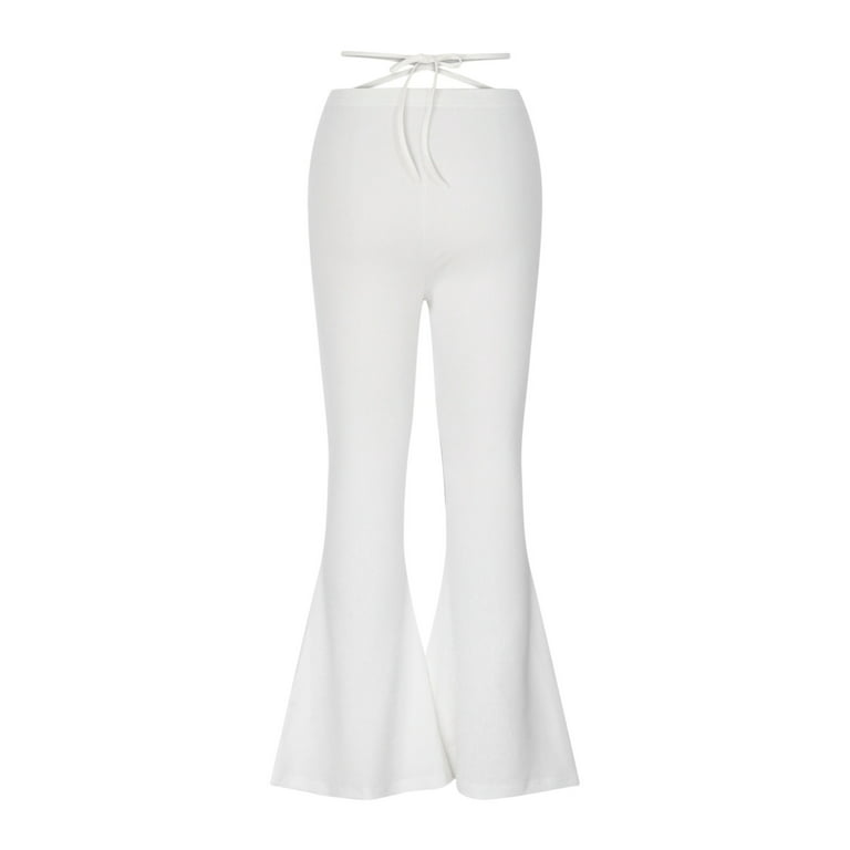 YYDGH Women's Cut Out Flare Pants V-Waisted Cropped Cross Elastic Stretch  Bell Bottom Trousers Solid Flared Lounge Pants White M 