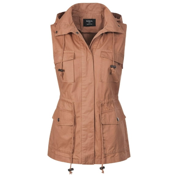 Made by Olivia Women's Drawstring Lightweight Loose Fit Sleeveless Vest Utility Jacket Taupe 1XL