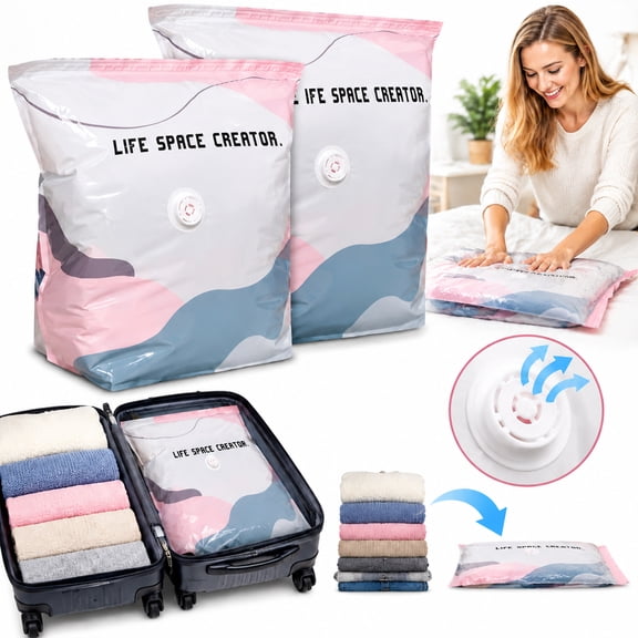 2-Pack No-Pump Vacuum Storage Bags, Travel Compression Bags for Clothes