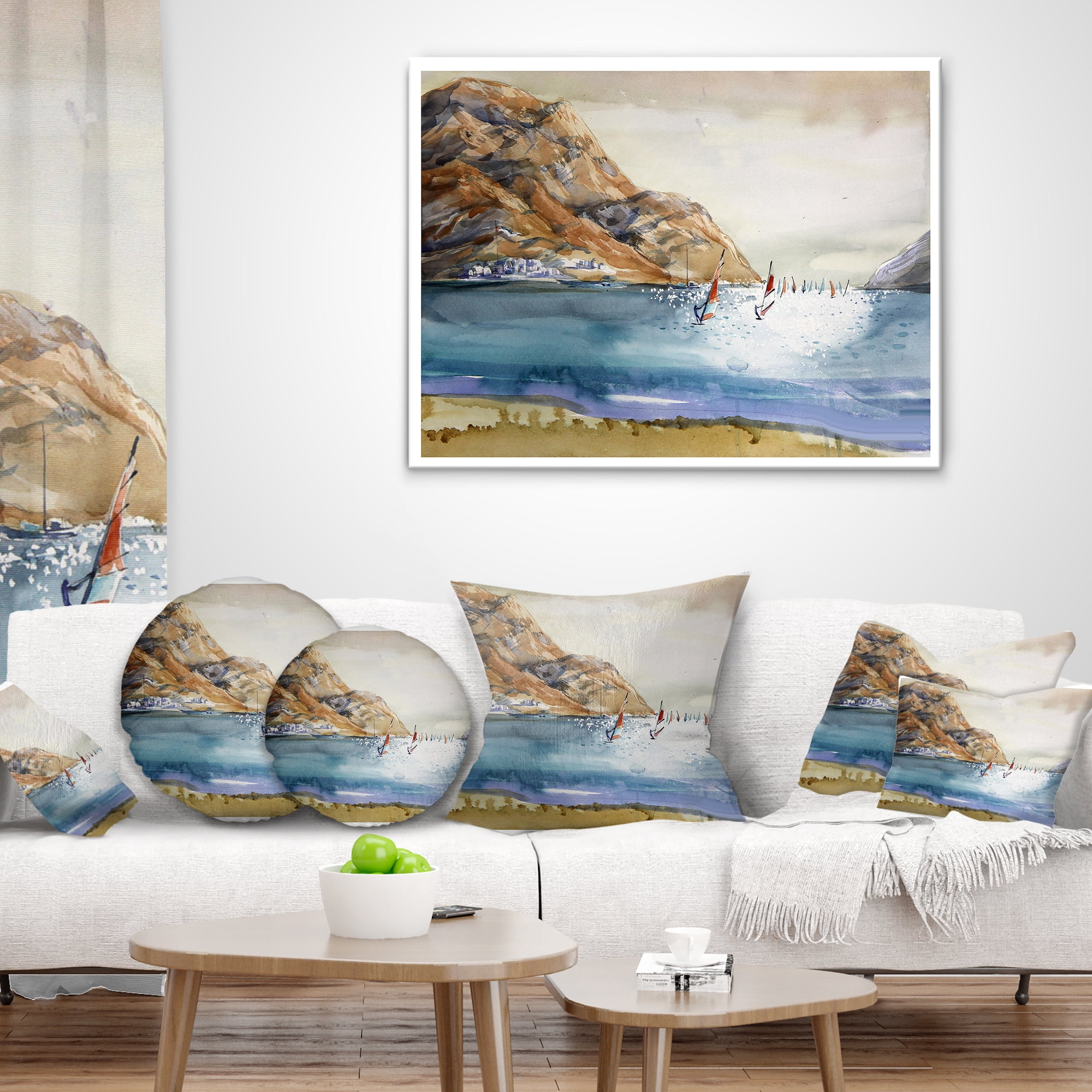 Designart Mountains in Sea - Seascape Throw Pillow - 16x16