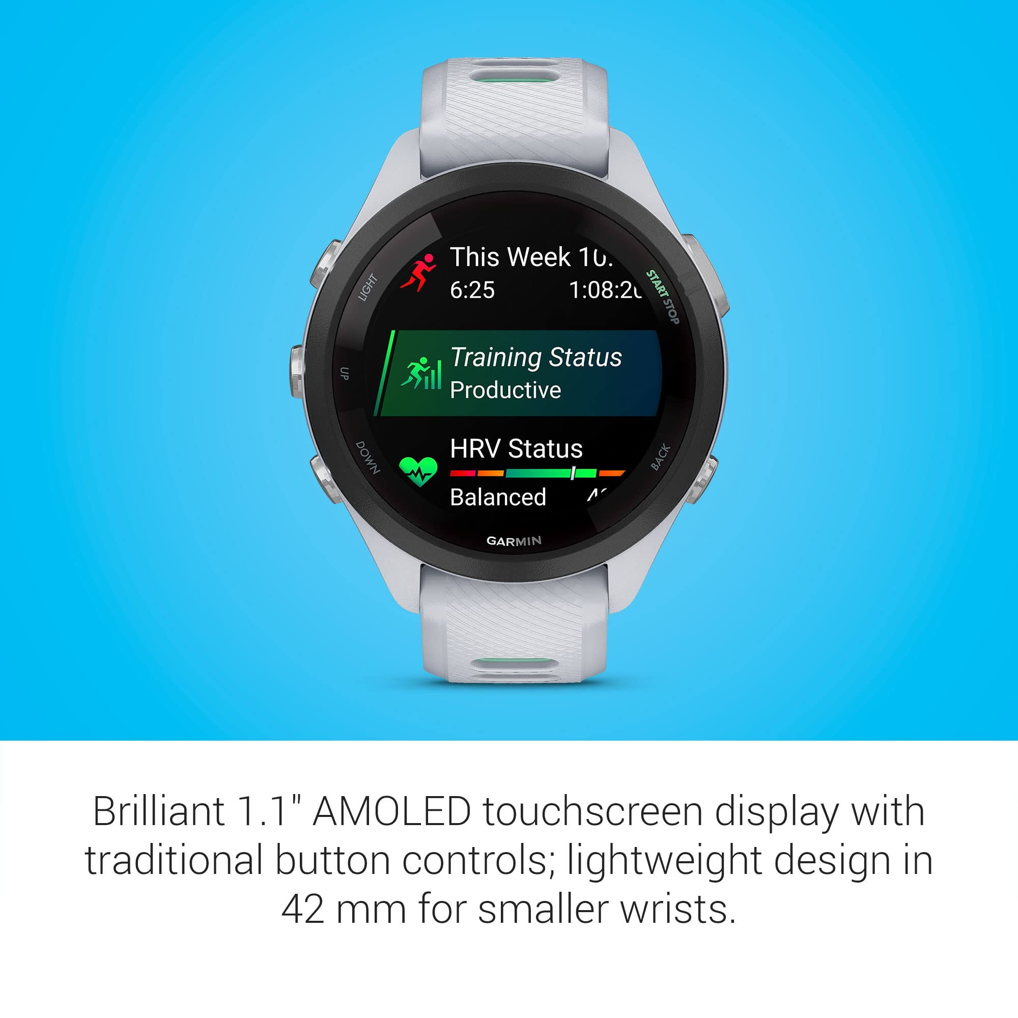 Garmin Forerunner 265S Running Smartwatch, Colorful AMOLED Display, Training Metrics and Recovery Insights, Whitestone and Neo Tropic