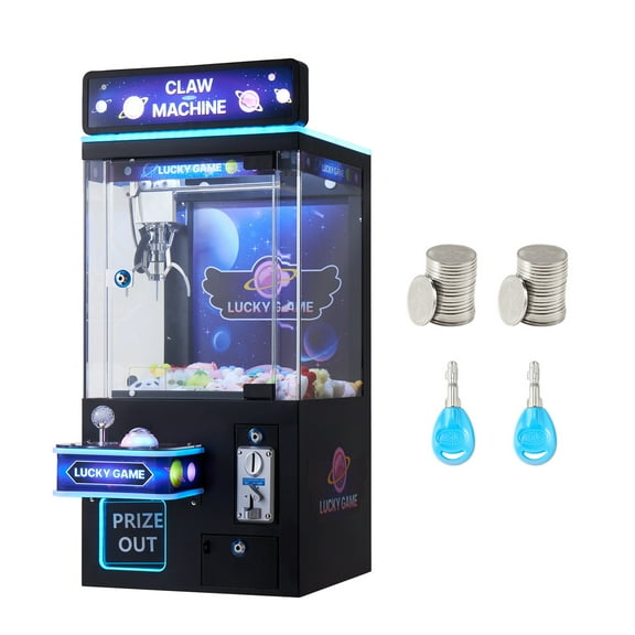 KFFKFF Medium-Sized Claw Crane Machine, Arcade Game with Lights & Sounds, Adjustable Metal Claws, Accurate Toy and Candy Grabber, Prize Dispenser for Home or Commercial Use, Black and Purple