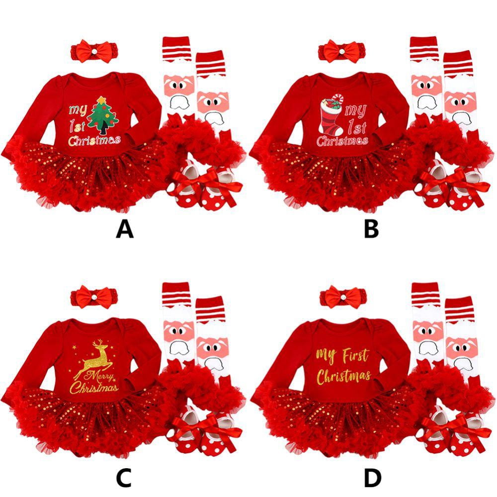 4 Pcs My 1st Christmas Baby Girl Outfit Newborn Infant Romper Tutu Dress 0-18M