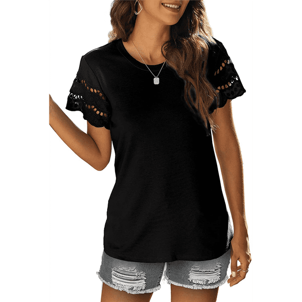 Camisetas de Corta con Encaje para Mujer, Blusas de Verano, Camisetas Informales Holgadas. Negro L