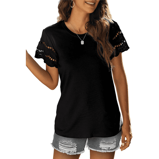 Camisetas de Corta con Encaje para Mujer, Blusas de Verano, Camisetas Informales Holgadas. Negro M