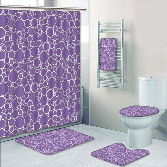 PRTAU Abstract Geometric Linked Circles in Many Sizes Fractal Diameter Rings Violet 5 Piece Bathroom Set Shower Curtain Bath Towel Bath Rug Contour Mat and Toilet Lid Cover