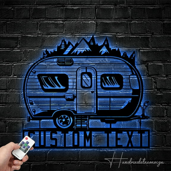 Handmadetneonsign Custom Name Camper Van Metal Wall Art LED Light, Wild Camping Metal Sign