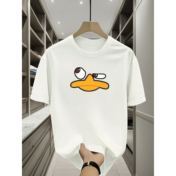 Men's 100% Cotton Casual T-Shirt with Cartoon Duck Graphic Print - Soft Breathable Round Neck Short Sleeve Tee for Casual Attire, Machine Washable All-Season Comfort, Leisure Clothing, Playful Design