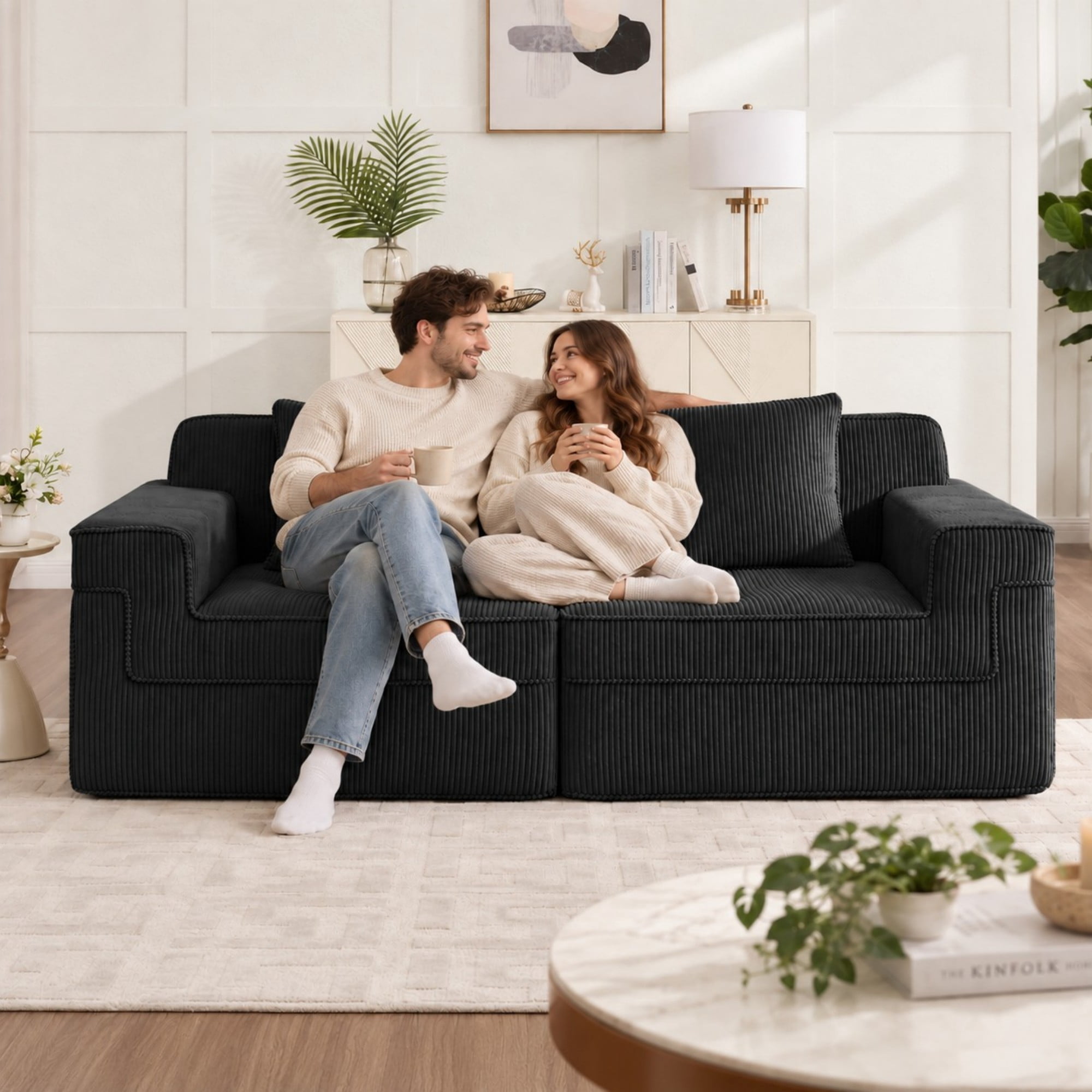 DEALTOPS 81" Modern Corduroy Floor Sofa, Modular 2-Seater Cloud Couch with Deep Seats & 2 Pillows, Black