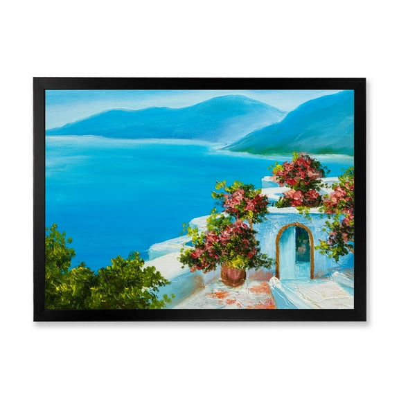 Designart 'House With Colorful Flowers Near The Sea I' Nautical & Coastal Framed Art Print