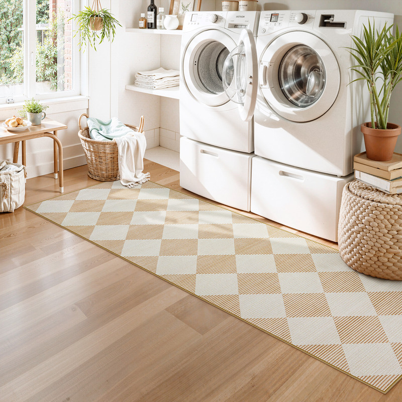 SUNDEREY 2'6''x8' Easy Jute Rugs for Hallway Entryway, 2.5x8 Non-Slip Washable Kitchen Rugs, Modern Checkered Hallway Rug, Farmhouse Neutral Soft Low Pile Carpet for Bedside Entry Front Door, Beige